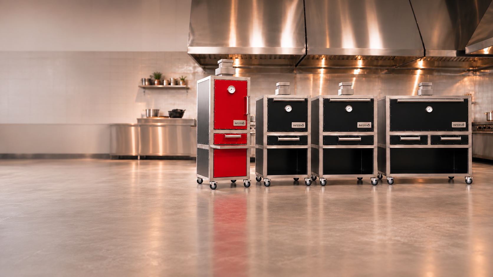 The Inferno core range in a commercial kitchen: the Inferno Alto 3 in 1 oven, grill and smoker beside the Inferno 700, 900 and 1200 charcoal ovens.