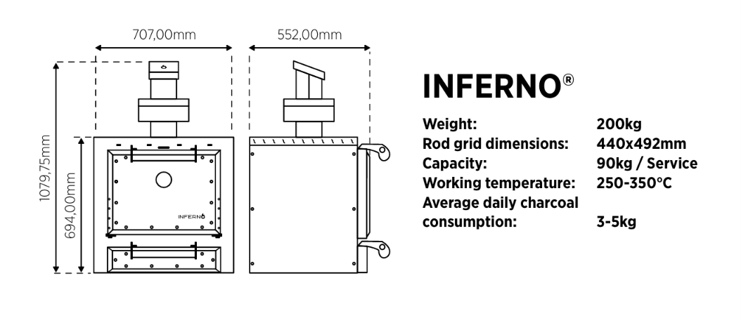 Line drawing of the Inferno 700 oven body without its stand, front and side elevations, dimensioned 707 mm wide, 552 mm deep, 694 mm body height and 1079.75 mm to the top of the exhaust cowl.