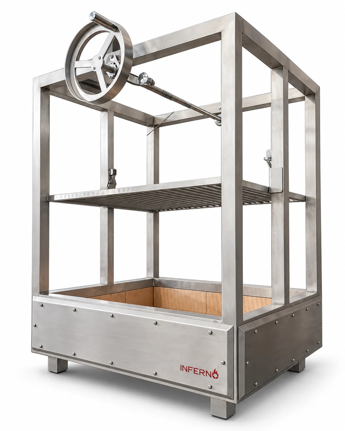 The Basque Parrilla without its stand, at an angle: a stainless frame with a crank wheel at the top, cables down to the rod grid over the open fire box, and an Inferno logo on the front panel.