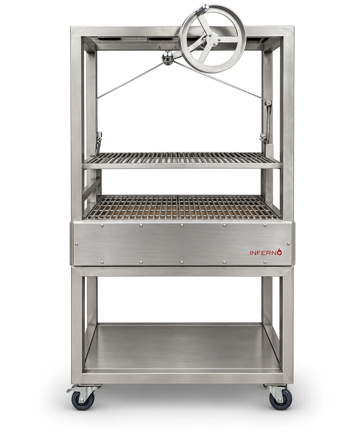The Basque Parrilla from the front on its stand: the crank wheel at the top, the grids over the fire box, an Inferno logo on the front and a shelf below, on castors.