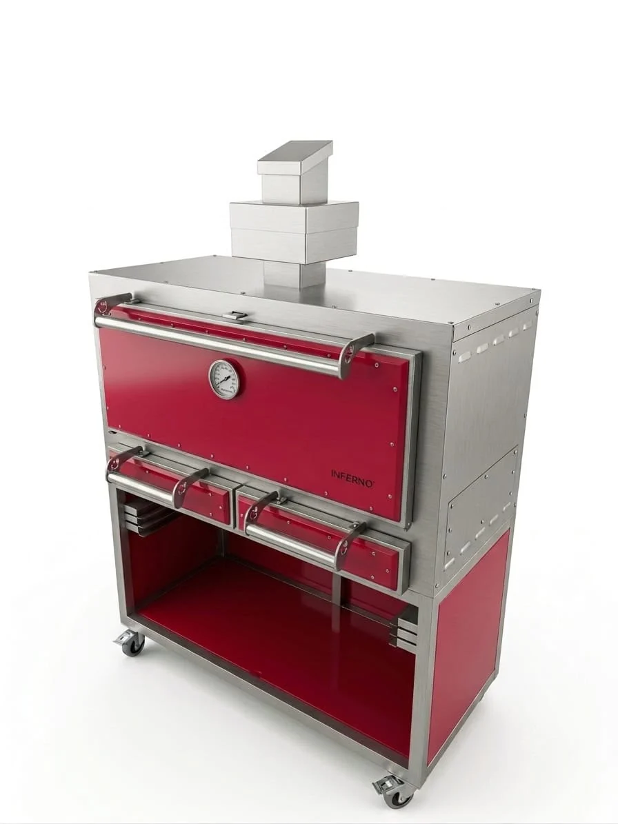 The Inferno 1200 from the front right: a red door with a thermometer and a full-width handle over two red drawers in a stainless body, the stepped external firebreak and diffuser chimney on top, and an open red-lined stand on castors.