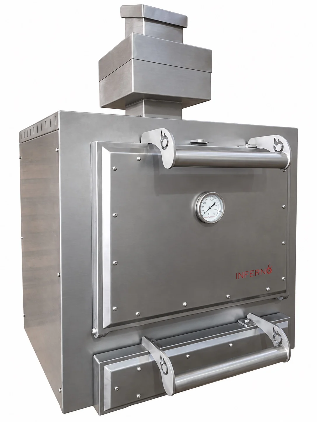 The Inferno 700 at an angle in brushed stainless: the closed door with a thermometer and a full-width handle, the ash drawer below, and the stepped external firebreak and diffuser chimney on top.