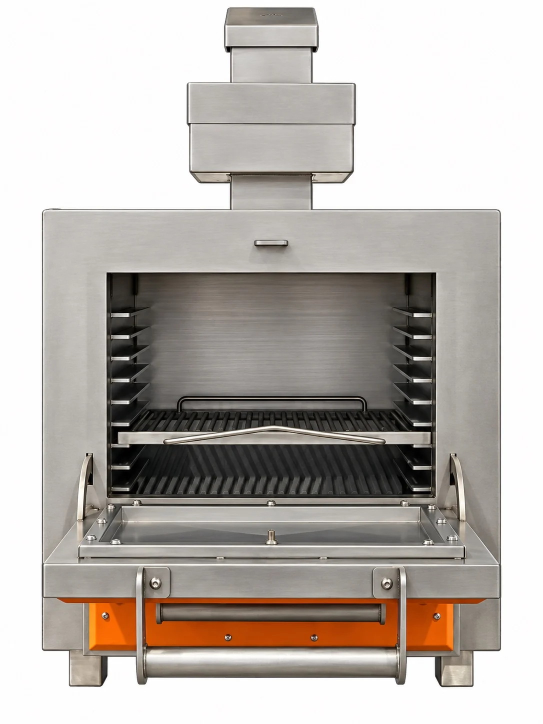 The Inferno 700 from the front with its door folded down: the stainless chamber with runners at several heights and a rod grid, an orange drawer below and the stepped chimney above.