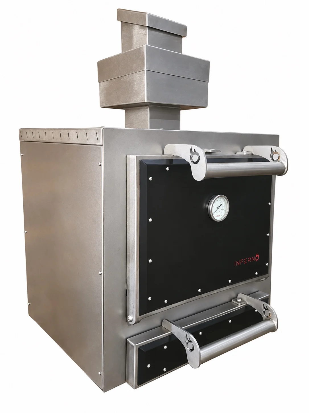 The Inferno 700 at an angle with a black door and drawer in a stainless body, a thermometer on the door and the stepped external firebreak and diffuser chimney on top.