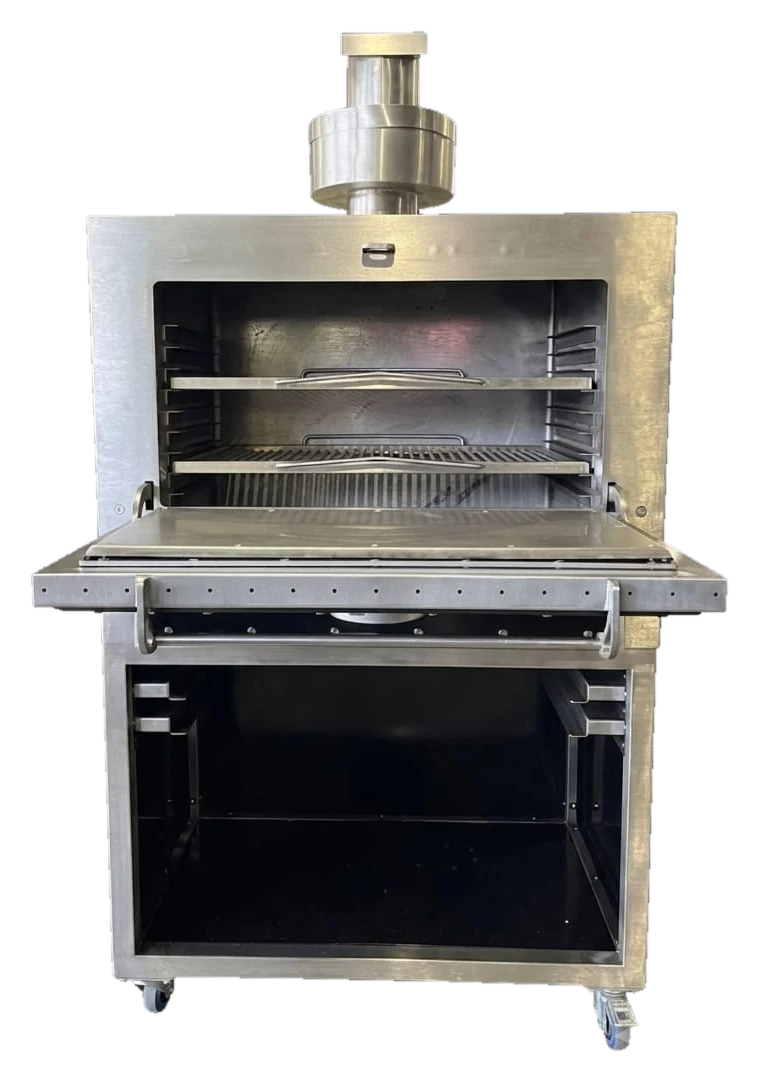 The Inferno 900 from the front with its door folded down: two rod grids on runners across the stainless chamber, the stainless chimney on top, and the open stand with grid storage at each side, on castors.