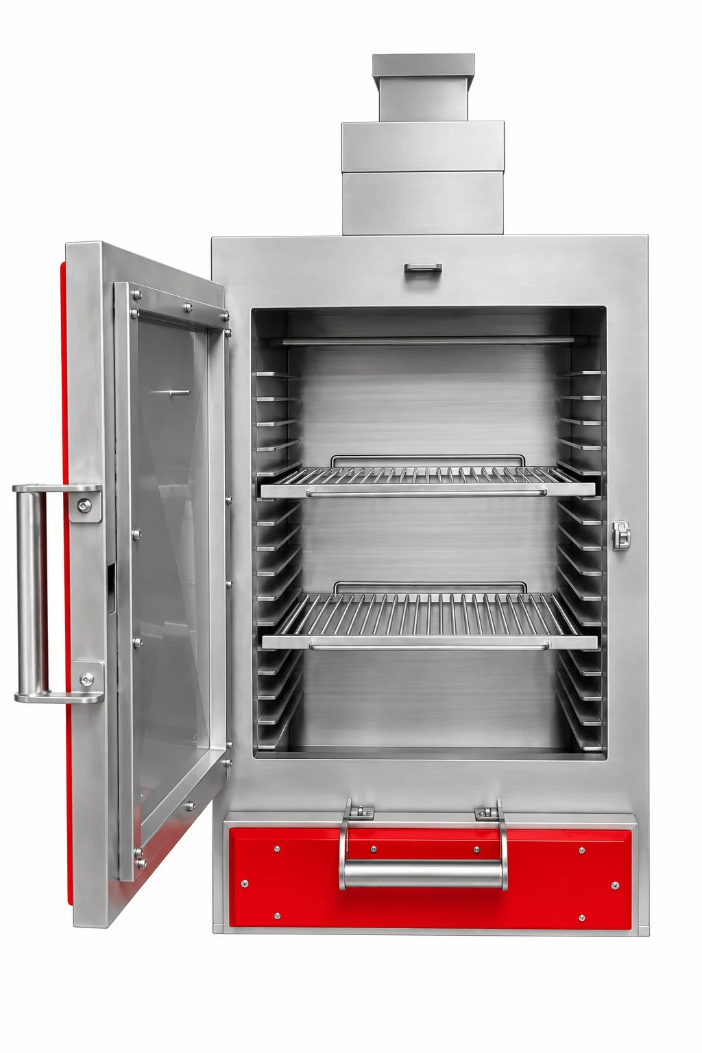 An Inferno Alto oven from the front, its red door swung open on the left: two grids in the stainless cooking chamber, a red ash drawer below, a stepped stainless chimney on top.