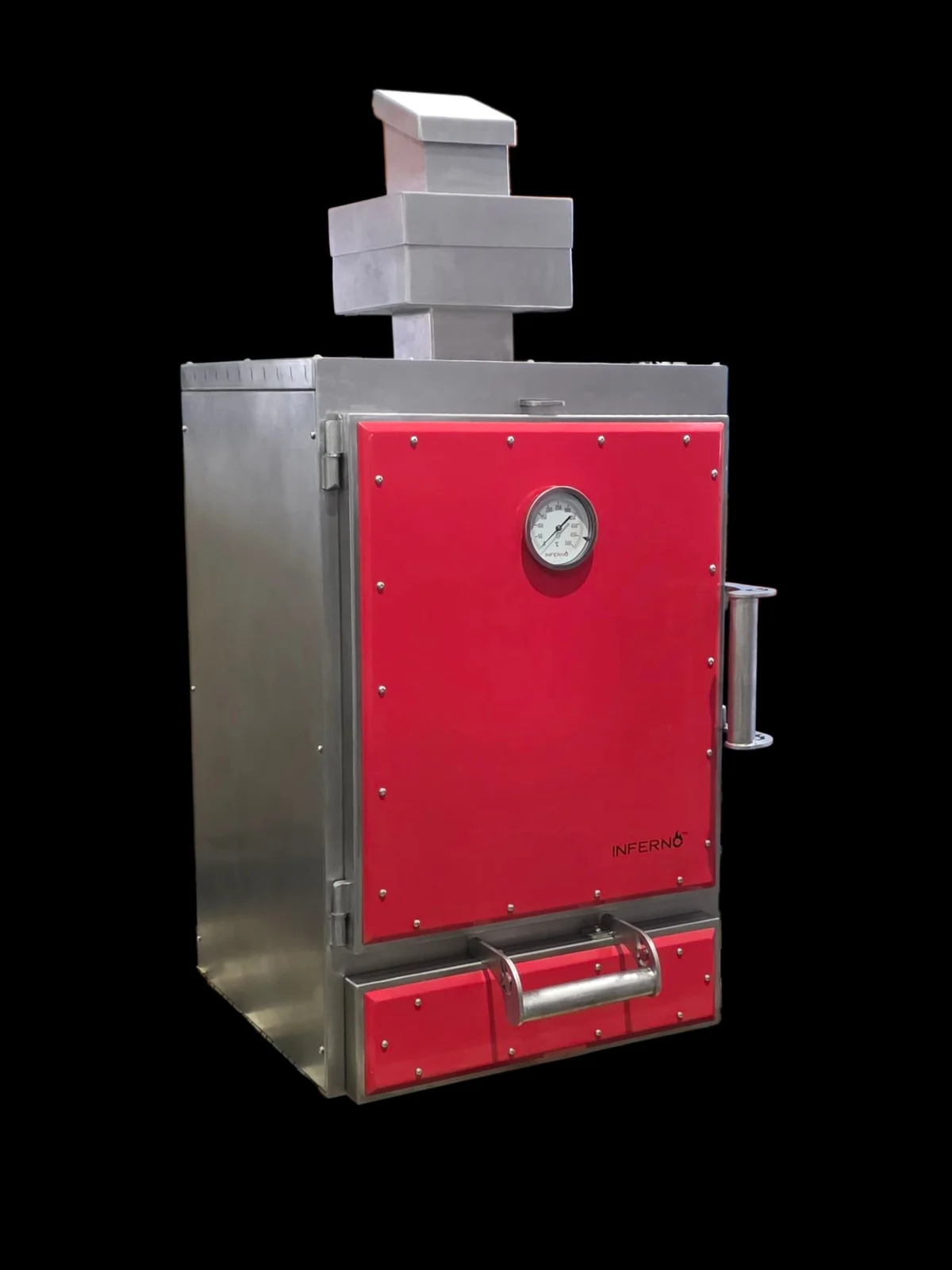 The Inferno Alto oven body from the front right, without its stand: a red side-opening door with a thermometer and a vertical stainless handle, a red ash drawer below, and the stepped firebreak and diffuser chimney on top.