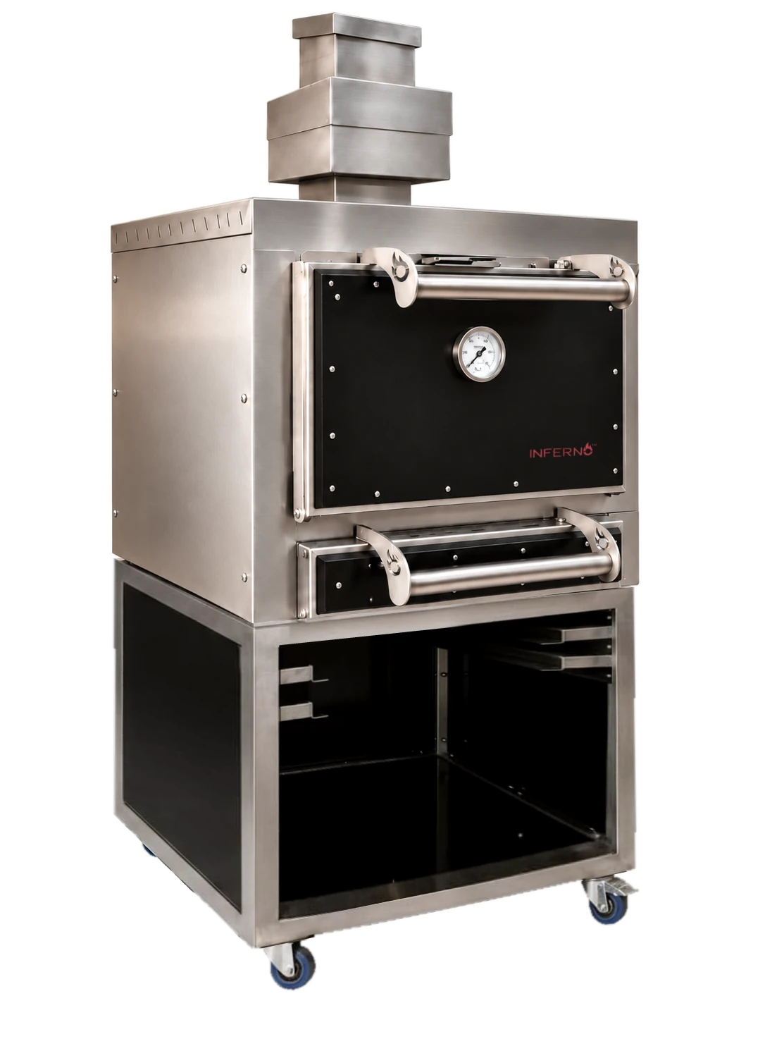 The Inferno 700 on its stand, from the front left: a black door with a thermometer and the Inferno logo under a stainless handle, a black ash drawer below, a stainless body with the stepped firebreak and diffuser chimney on top, and an open stand with a stainless frame, black side and back panels, grid runners and a black lower shelf, on four castors.